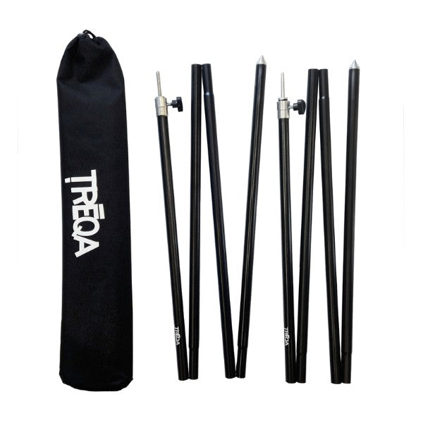 Black folding tent poles with silver metal connectors and tips, displayed next to a black drawstring carrying bag with white 'TREQA' branding, on a plain white background.