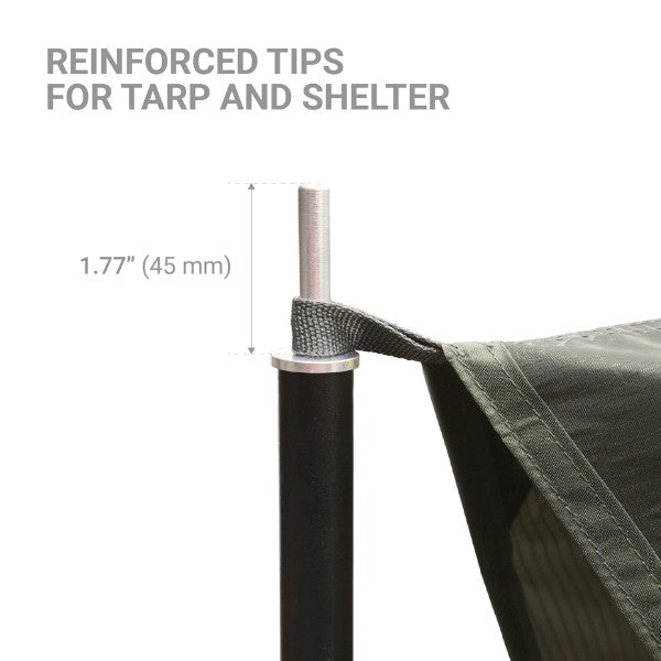 Close-up of a tent pole tip with a reinforced metal band and webbing loop, showing a dimension callout of 1.77 inches (45 mm) and text reading 'REINFORCED TIPS FOR TARP AND SHELTER' on a white background.