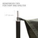 Close-up of a tent pole tip with a reinforced metal band and webbing loop, showing a dimension callout of 1.77 inches (45 mm) and text reading 'REINFORCED TIPS FOR TARP AND SHELTER' on a white background.