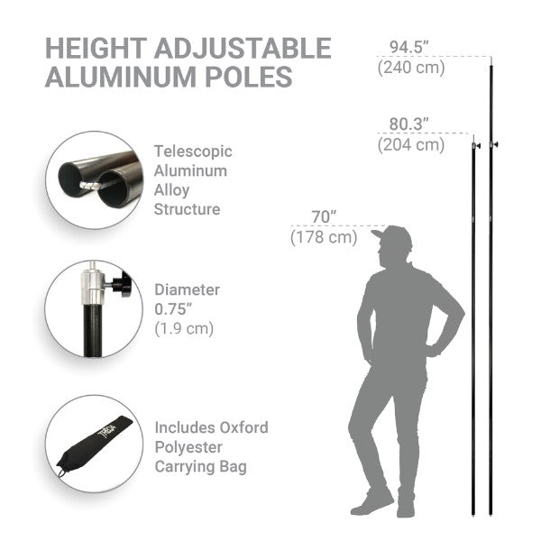 Measurement chart showing height adjustable aluminum poles with a silhouette of a person for scale.