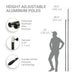 Measurement chart showing height adjustable aluminum poles with a silhouette of a person for scale.