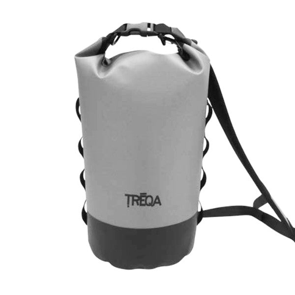 A light gray waterproof dry bag with a black bottom base, black strap, and black printed TREQA brand logo, shown on a plain white background.