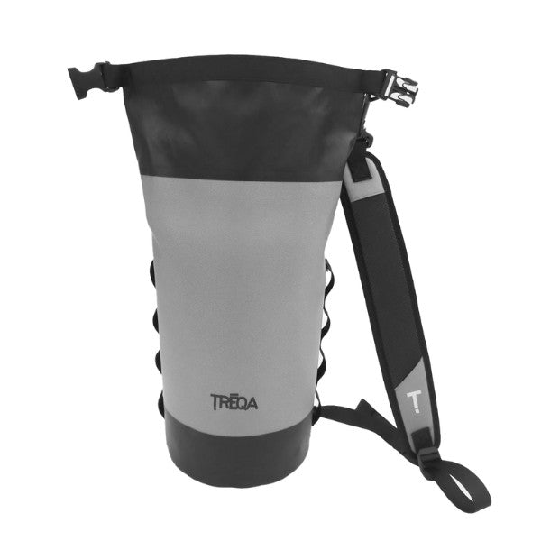 A gray and black waterproof roll-top bag with a shoulder strap, shown on a plain white background. The brand name TREQA is printed on the lower front.