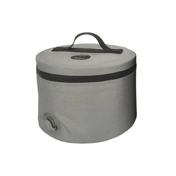 A gray cylindrical fabric cooler with a black carrying handle and a black horizontal zipper around the middle, shown on a plain white background.