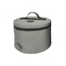 A gray cylindrical fabric cooler with a black carrying handle and a black horizontal zipper around the middle, shown on a plain white background.