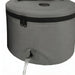 Gray fabric cooler with a black zipper, top handle, and drainage spout with water flowing out, shown on a white background.