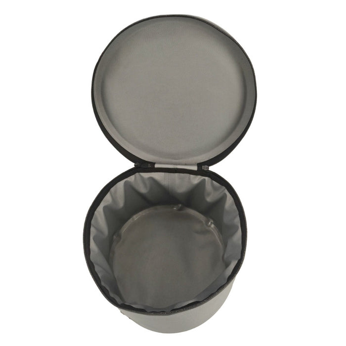 An open round soft-sided cooler with a gray interior lining and black trim, shown from above on a white background.