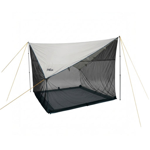 A TREQA camping mosquito net tent with a white fly sheet, black mesh body, and yellow guy lines, shown on a plain white background.