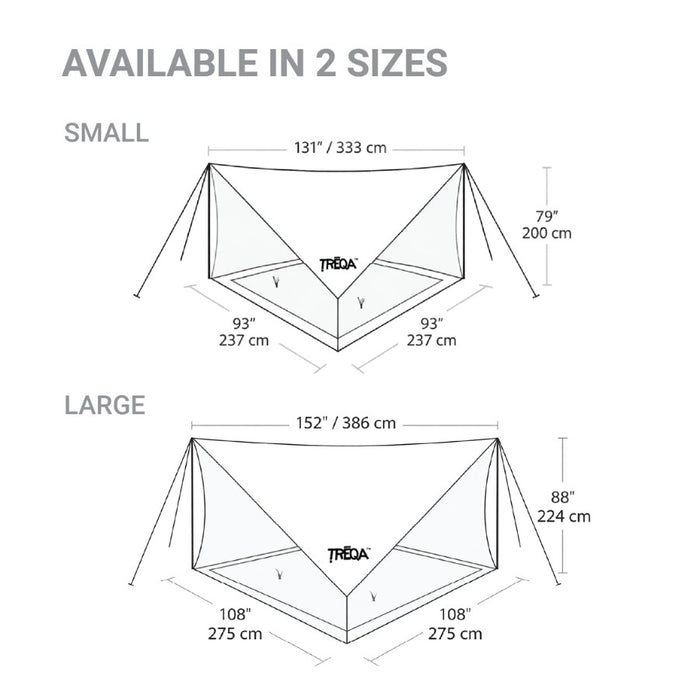 Size chart for a TREQA canopy tent showing dimensions for Small and Large sizes on a white background.
