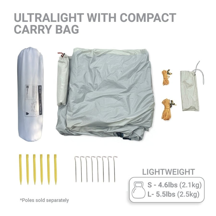Ultralight tent with compact carry bag shown disassembled on a white background, including the packed tent, unfolded tent fabric, carry bag, ropes, and tent pegs. Text notes poles sold separately and a lightweight rating.