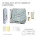 Ultralight tent with compact carry bag shown disassembled on a white background, including the packed tent, unfolded tent fabric, carry bag, ropes, and tent pegs. Text notes poles sold separately and a lightweight rating.