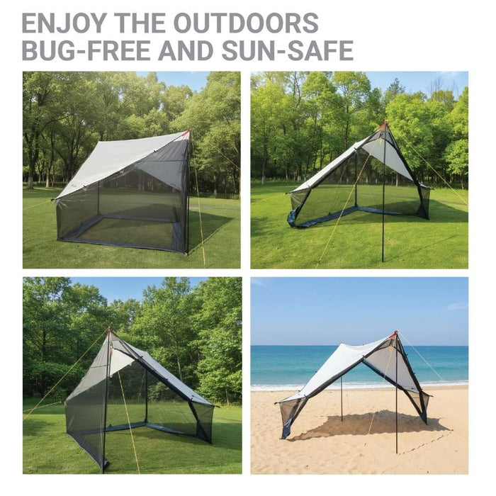 A four-panel collage showing a gray and black mesh outdoor bug-free tent set up in grassy forests, on a lawn, on a beach, with large text at the top reading 'ENJOY THE OUTDOORS BUG-FREE AND SUN-SAFE'.
