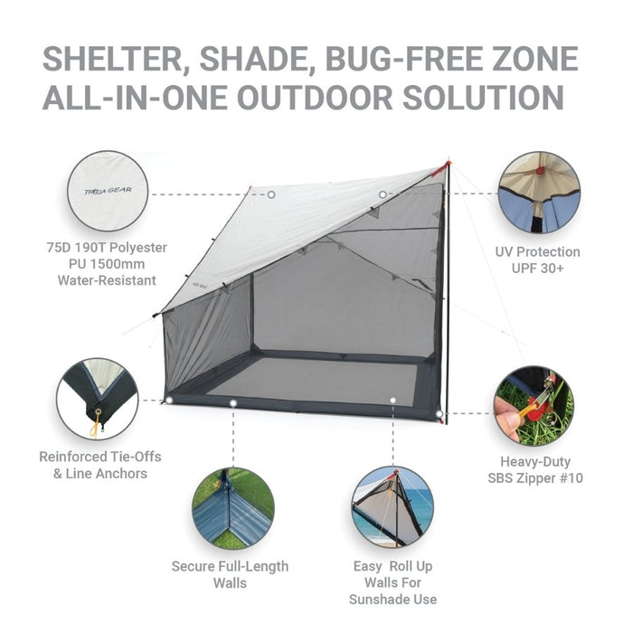 An outdoor shelter tent shown on a white background with feature callout circles and text reading 'SHELTER, SHADE, BUG-FREE ZONE ALL-IN-ONE OUTDOOR SOLUTION.' The main product is a gray and white enclosed canopy/tent with reinforced corners and side panels.