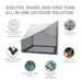 An outdoor shelter tent shown on a white background with feature callout circles and text reading 'SHELTER, SHADE, BUG-FREE ZONE ALL-IN-ONE OUTDOOR SOLUTION.' The main product is a gray and white enclosed canopy/tent with reinforced corners and side panels.