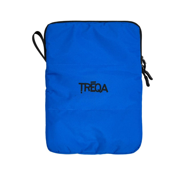 A bright blue insulated pouch with black trim, a black carrying loop, and a black zipper, featuring the brand name 'TREQA' printed in black on the front, set against a plain white background.