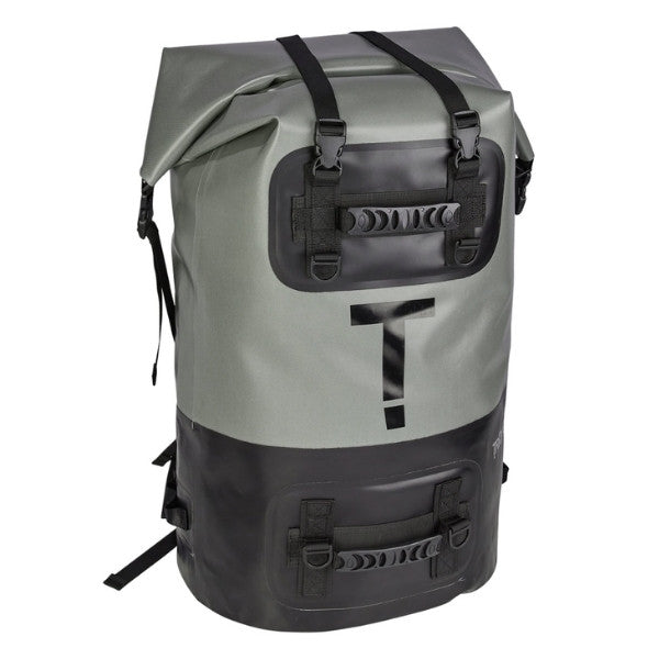 A waterproof roll-top backpack in gray and black, featuring a large black 'T' logo on the front, dual compression straps, and a bottom zippered pocket, shown against a plain white background.