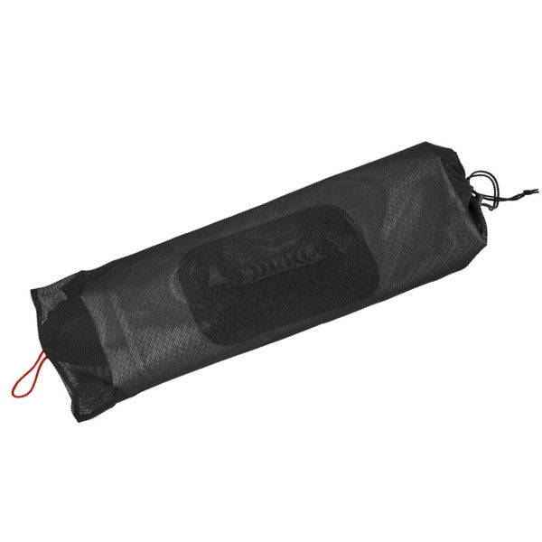 A black mesh drawstring storage pouch with a red drawstring loop and a black metal carabiner, shown on a plain white background.