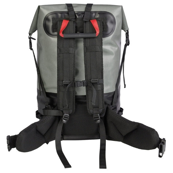 A gray and black waterproof backpack shown from the back, featuring a roll-top closure with red accents, padded shoulder straps, and a black mesh back panel, isolated on a white background.