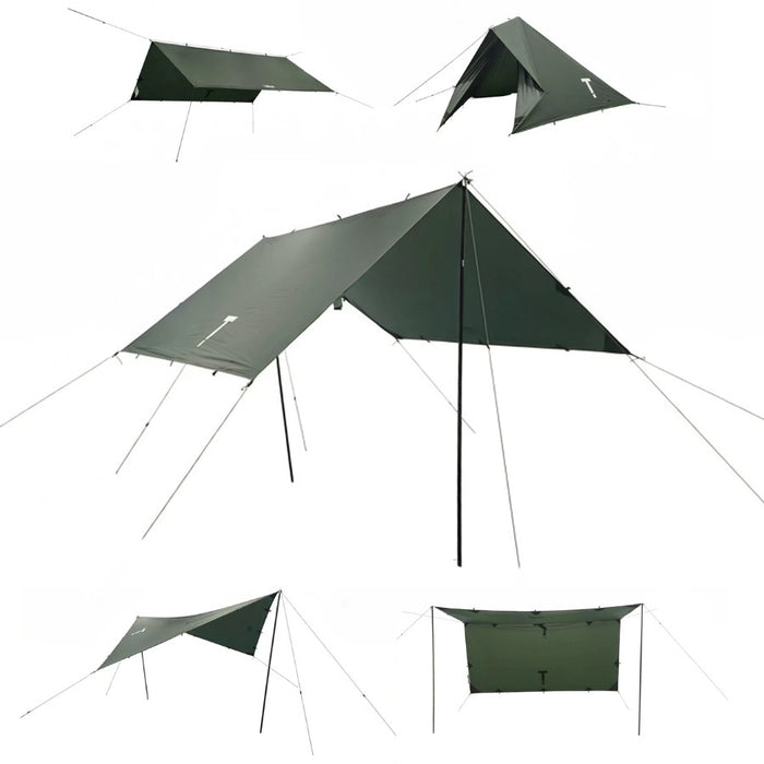 Green camping tarp with multiple angles on a white background