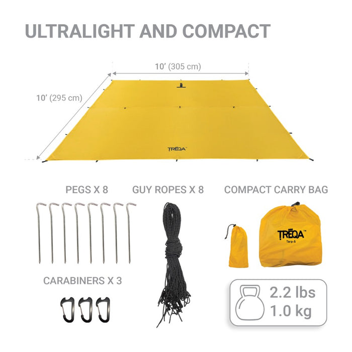 Yellow ultralight camping tarp with accessories and Treqa branding on a white background