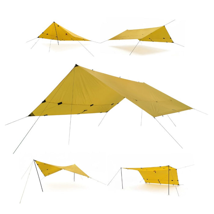 Yellow tarp with stakes on a white background
