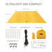 Yellow ultralight tarp with measurement chart, pegs, ropes, carabiners, and carry bag on a white background.