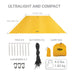 Yellow ultralight tarp with measurement, components, and Theda branding on a white background.