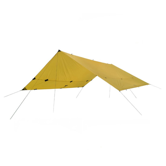 Yellow tarp with stakes on a white background