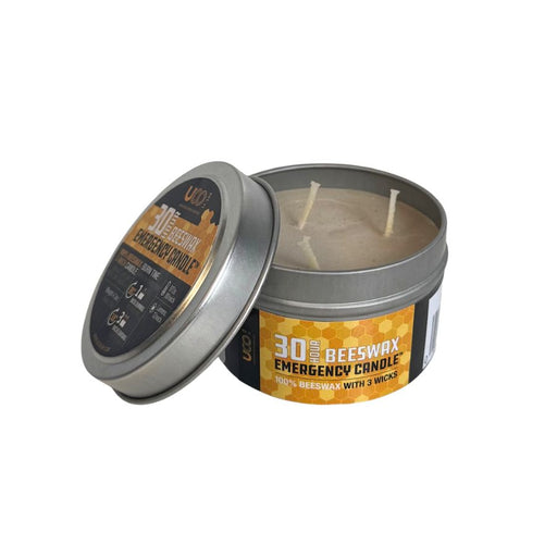 Beeswax emergency candle in a metal tin with a label on a white background