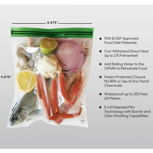 A clear food storage bag with a green zipper seal, shown filled with food items including a fish, crab legs, onion, lemon, and lime. The image includes dimension lines.