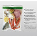 A clear food storage bag with a green zipper seal, shown filled with food items including a fish, crab legs, onion, lemon, and lime. The image includes dimension lines.