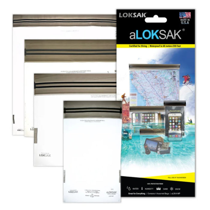 A package of LOKSAK waterproof map pockets shown with several sample white and gray map pockets of different sizes. The retail packaging features a black header with the LOKSAK brand name and a colorful illustration of a map pocket in use on a beach.