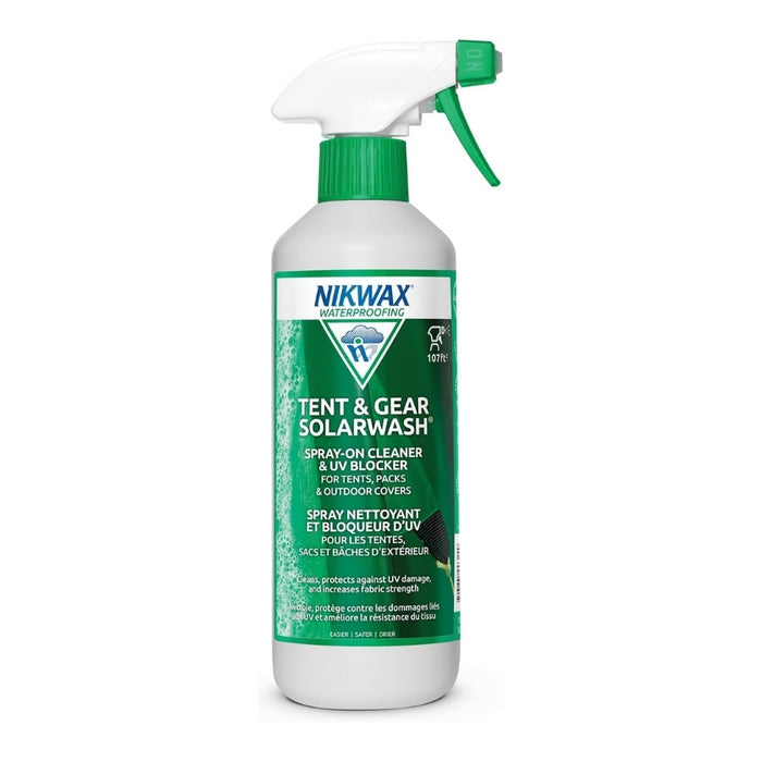A bottle of Nikwax Tent & Gear Solarwash spray-on cleaner and UV blocker, featuring a white bottle, green cap, and green trigger spray mechanism on a white background.