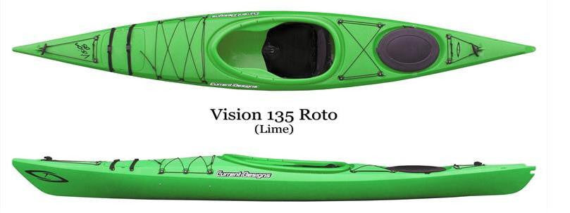 15204 Current Designs Kayak 135 ROTO w/rudder w/Compass (lime -- top & side)